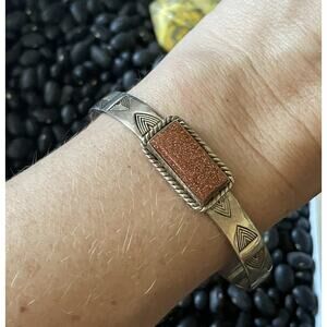 Native SW Sterling Goldstone Stamped Signed Krush Kandy Cuff Bracelet Braided